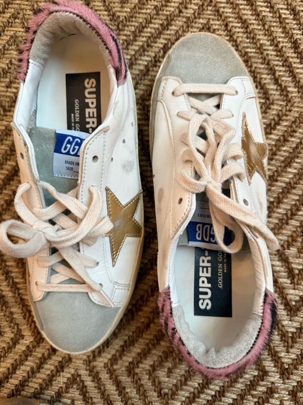 Golden Goose superstars with pink and white zebra calf hair size 37